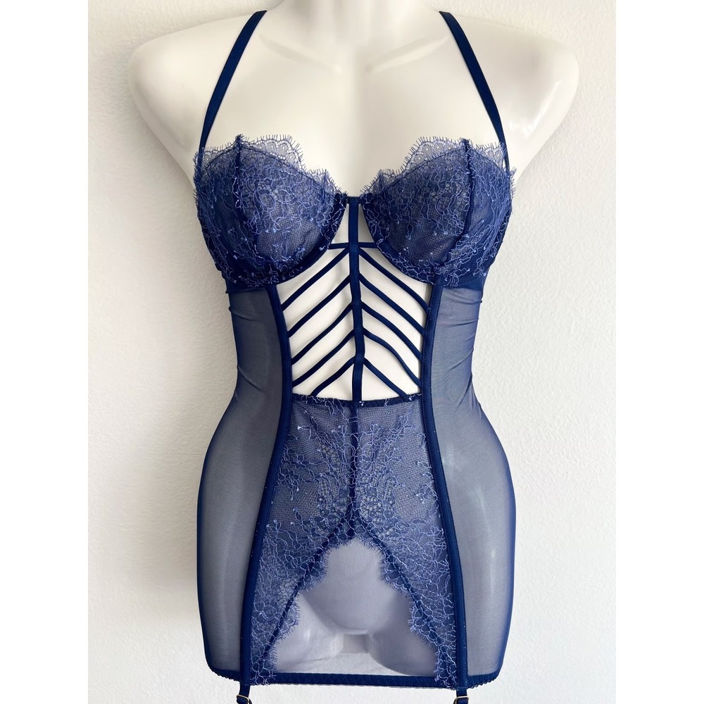 Victoria's Secret Womens Blue Lace Strappy Cage Mesh Garter Bustier Corset 34C